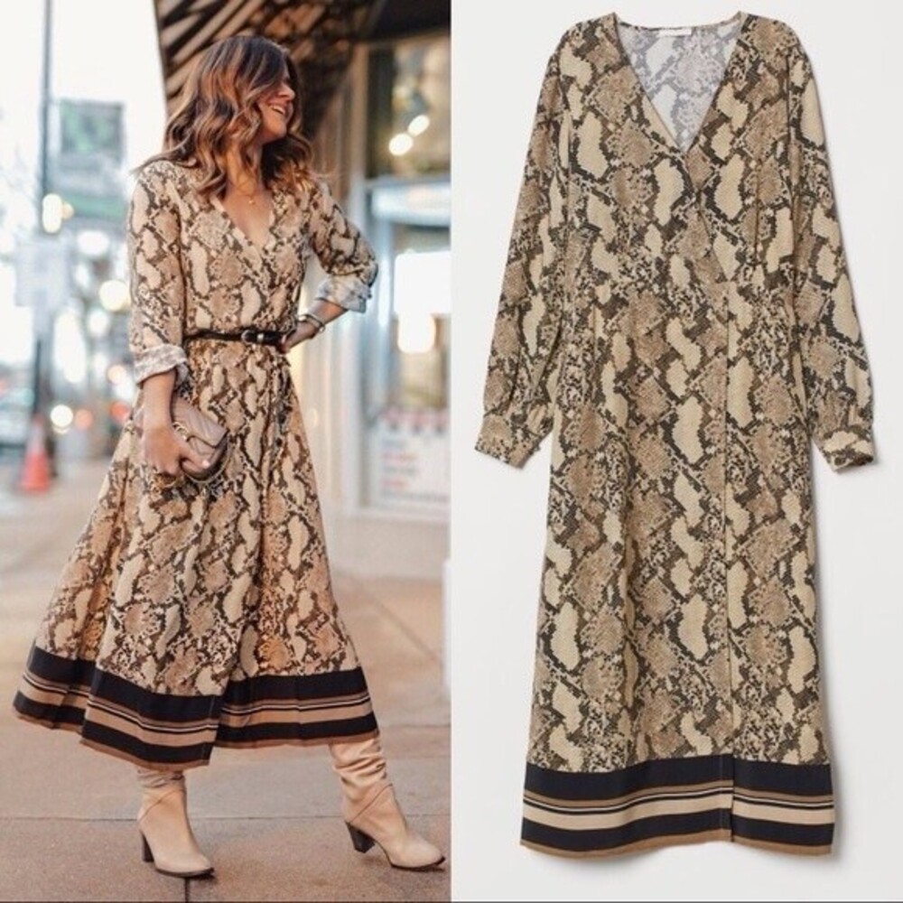 H&M Snakeprint Faux Wrap Long Sleeve Midi Dress